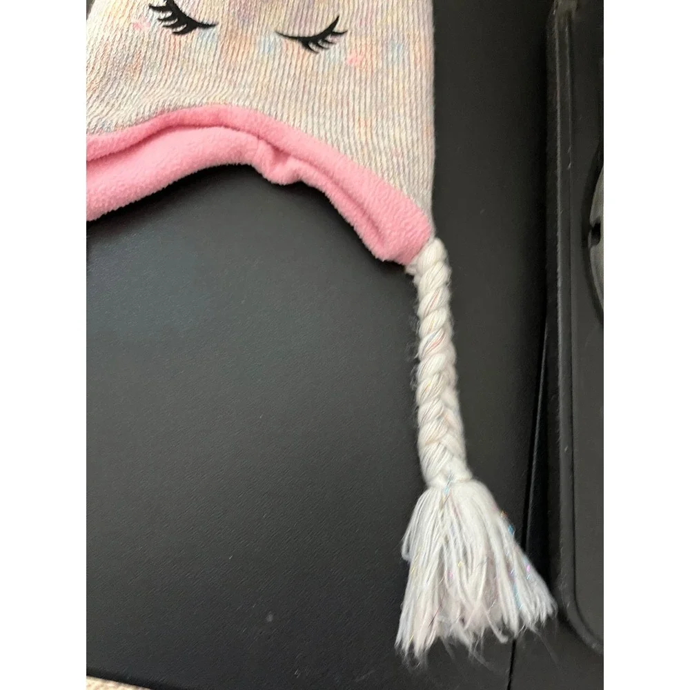 Kids Unicorn Trapper Hat Pastel Rainbow Glitter Knit‎ Fleece Lined Beanie Pink